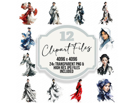 Chinese Woman in Hanfu clipart set with transparent PNGs and high resolution JPGs for crafting and design projects