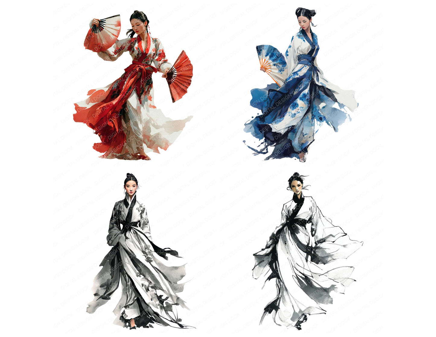 Preview layout showing Chinese Woman in Hanfu clipart elements for scrapbooking, junk journals, and card making