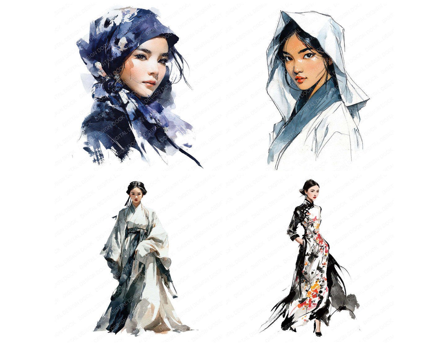 Close view of Chinese Woman in Hanfu clipart highlighting illustration detail and cohesive colour tones