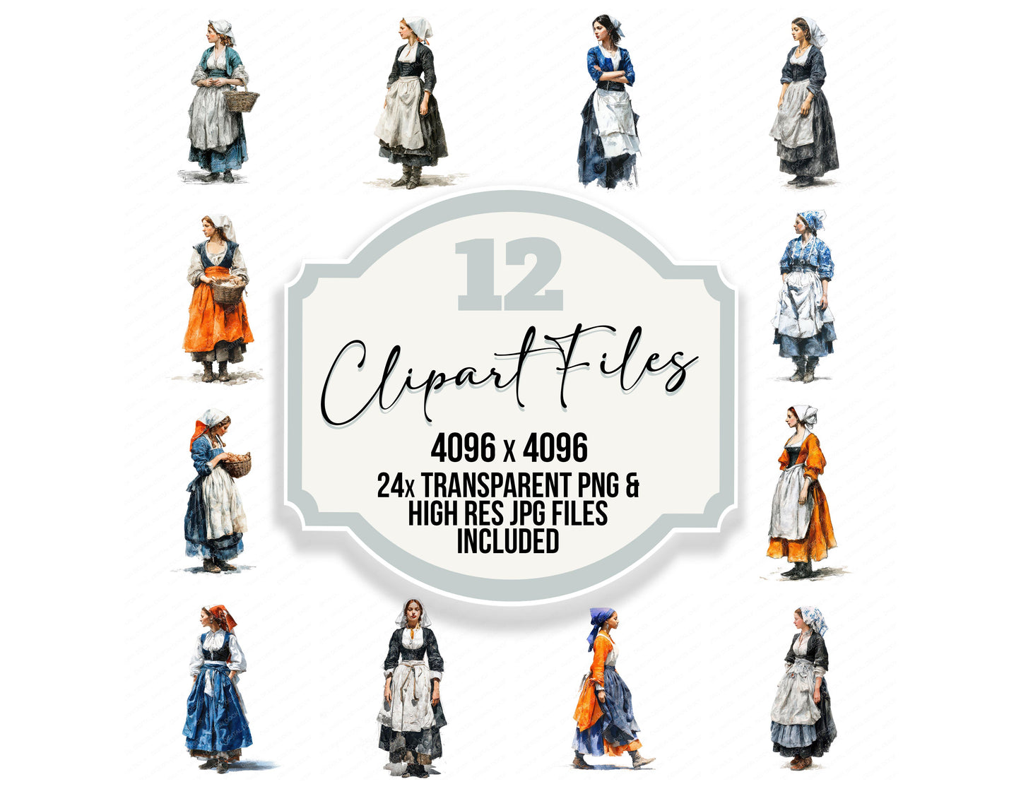 Dutch Woman in Traditional Dress clipart set with transparent PNGs and high resolution JPGs for crafting and design projects