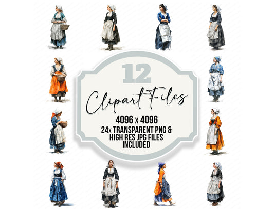 Dutch Woman in Traditional Dress clipart set with transparent PNGs and high resolution JPGs for crafting and design projects