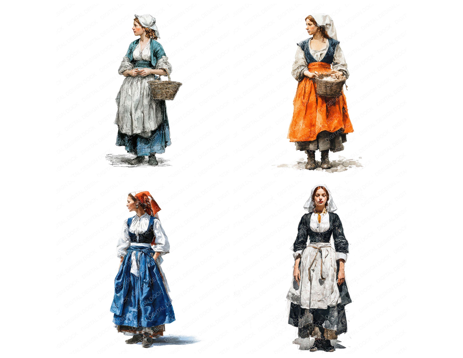 Preview layout showing Dutch Woman in Traditional Dress clipart elements for scrapbooking, junk journals, and card making