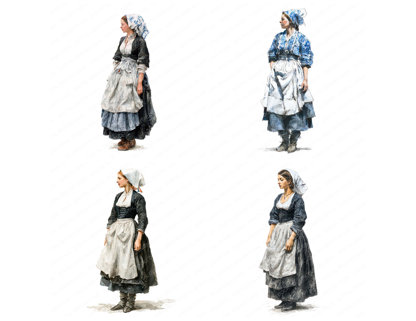 Close view of Dutch Woman in Traditional Dress clipart highlighting illustration detail and cohesive colour tones