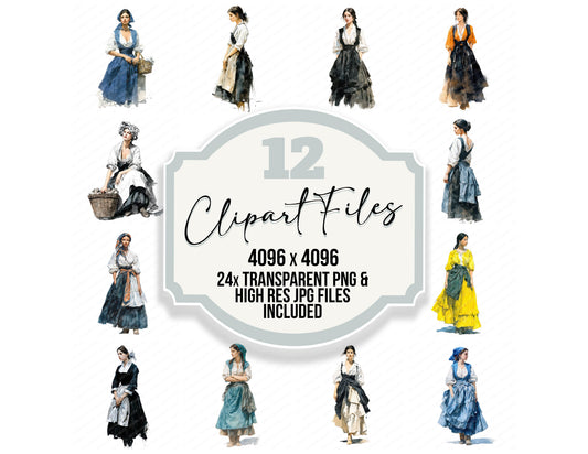 French Woman in Traditional Dress clipart set with transparent PNGs and high resolution JPGs for crafting and design projects