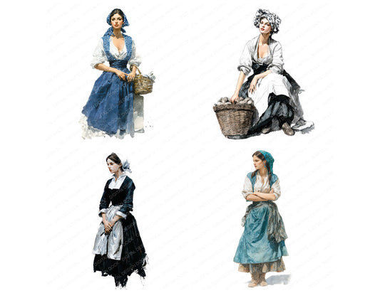 Preview layout showing French Woman in Traditional Dress clipart elements for scrapbooking, junk journals, and card making