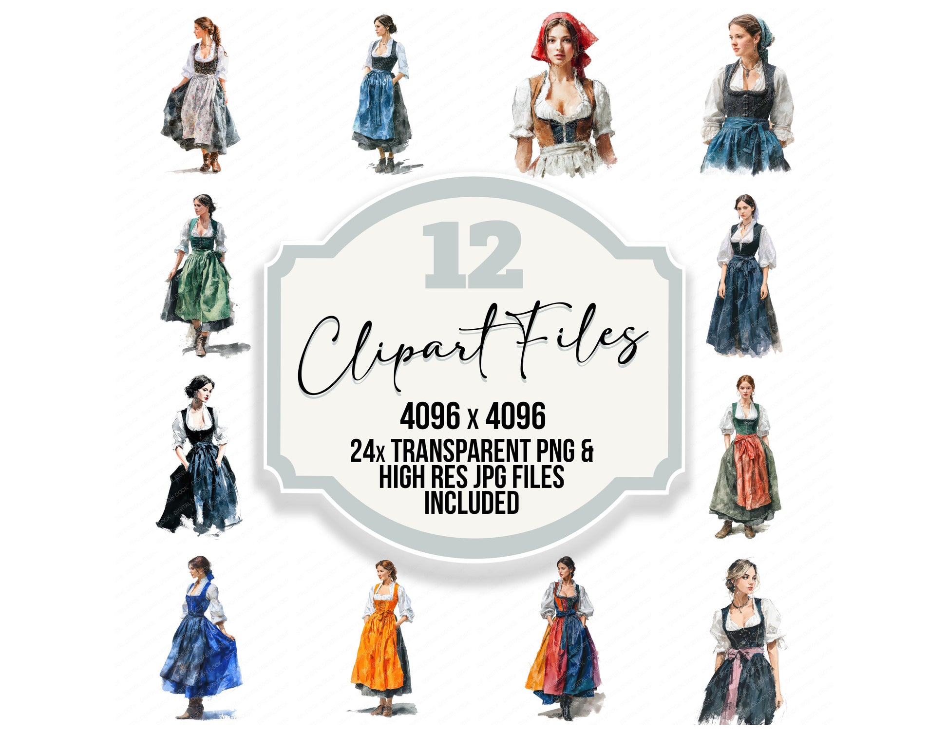German Woman in Dirndl clipart set with transparent PNGs and high resolution JPGs for crafting and design projects