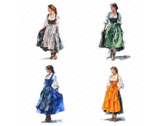 Preview layout showing German Woman in Dirndl clipart elements for scrapbooking, junk journals, and card making