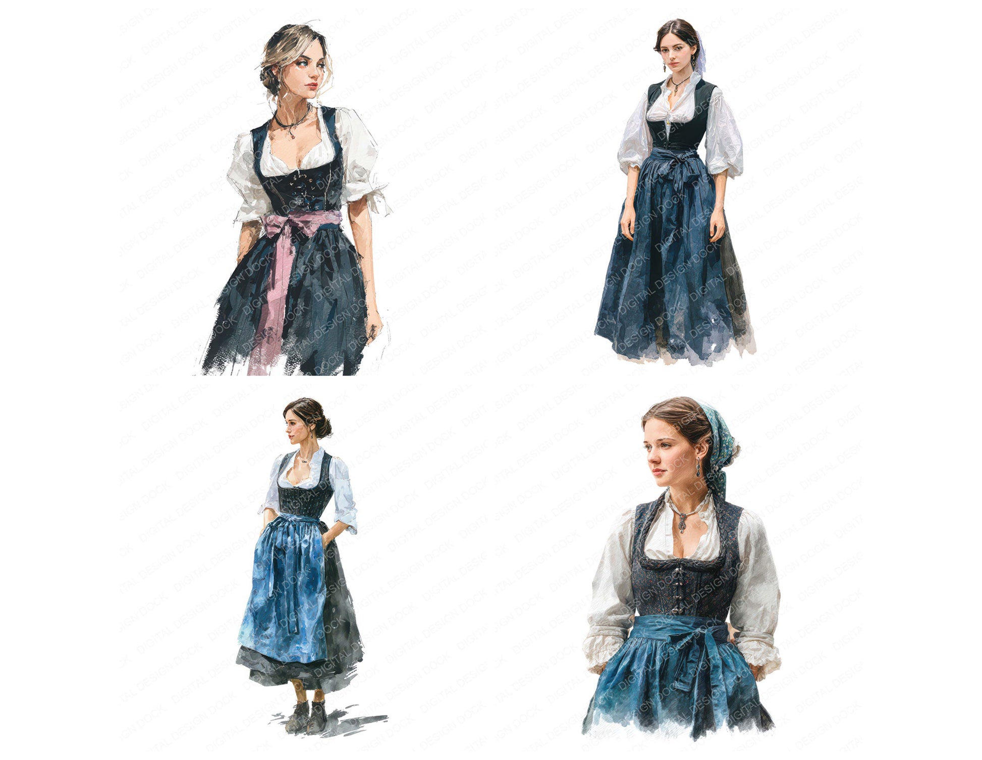 Close view of German Woman in Dirndl clipart highlighting illustration detail and cohesive colour tones
