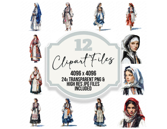 Greek Woman in Traditional Dress clipart set with transparent PNGs and high resolution JPGs for crafting and design projects