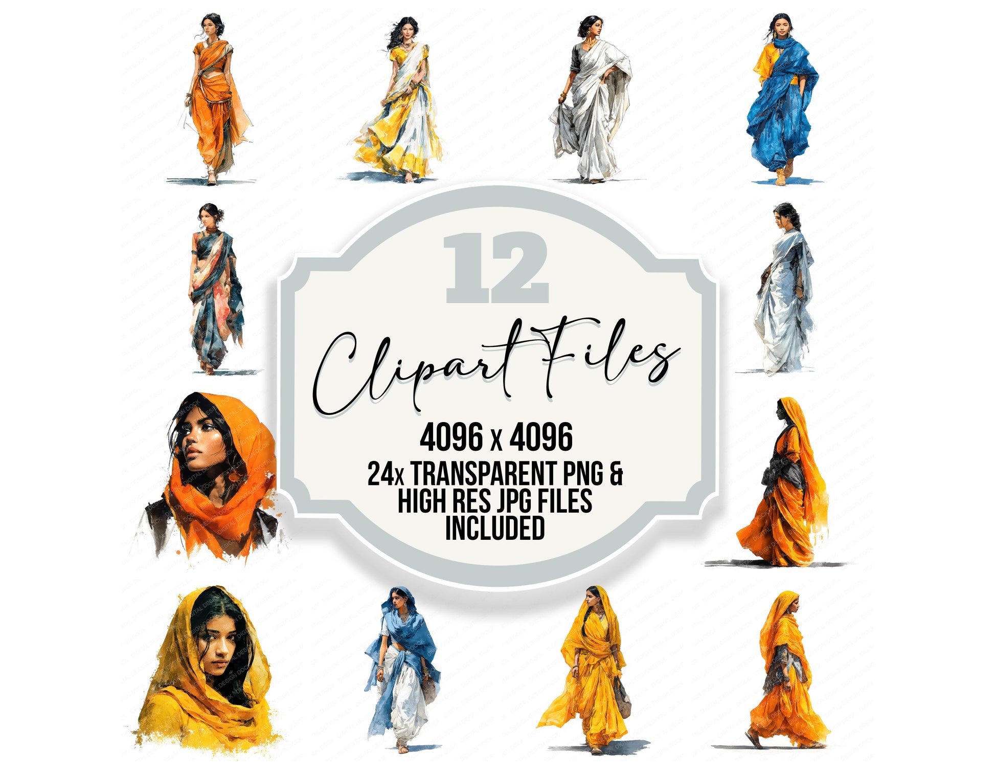 Indian Woman in Sari clipart set with transparent PNGs and high resolution JPGs for crafting and design projects