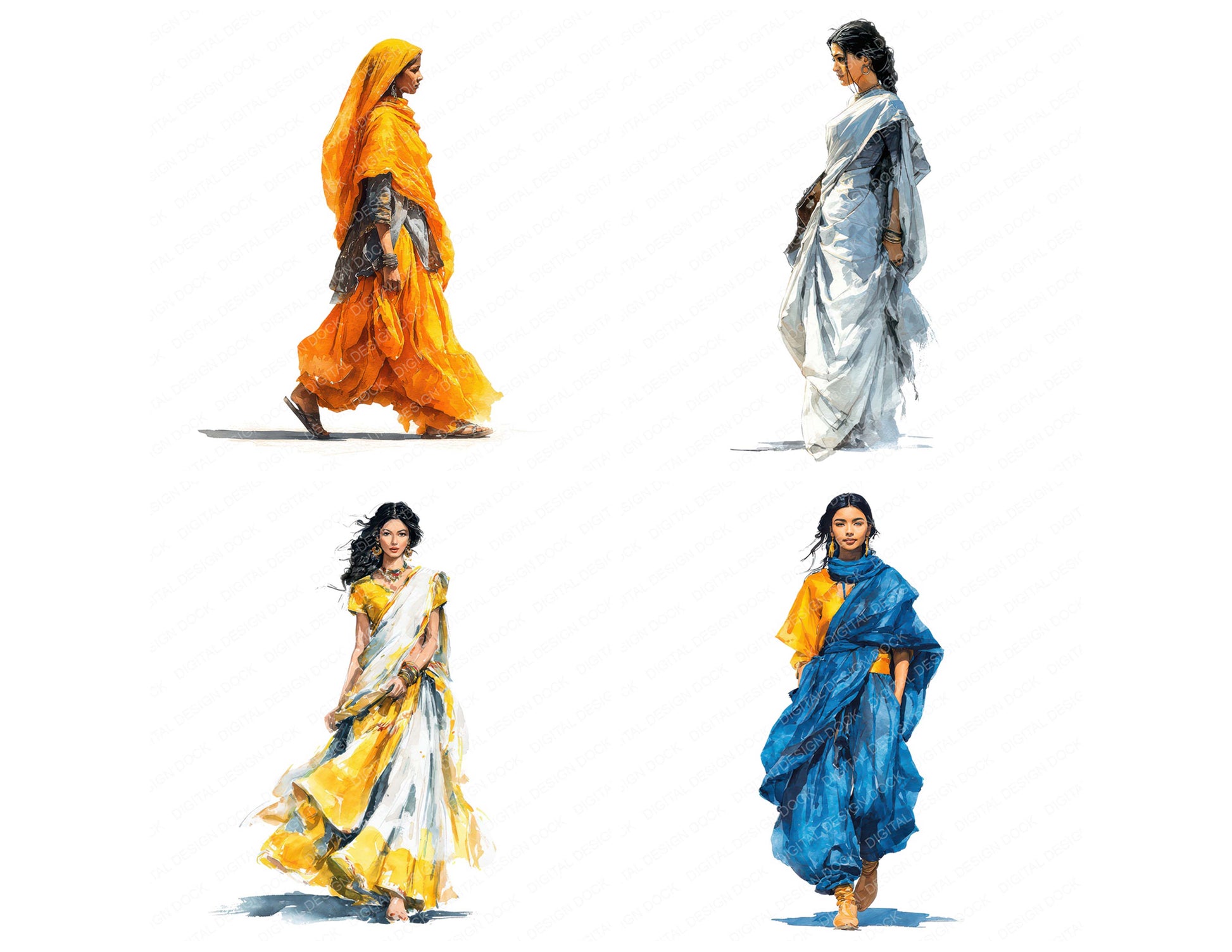 Close view of Indian Woman in Sari clipart highlighting illustration detail and cohesive colour tones