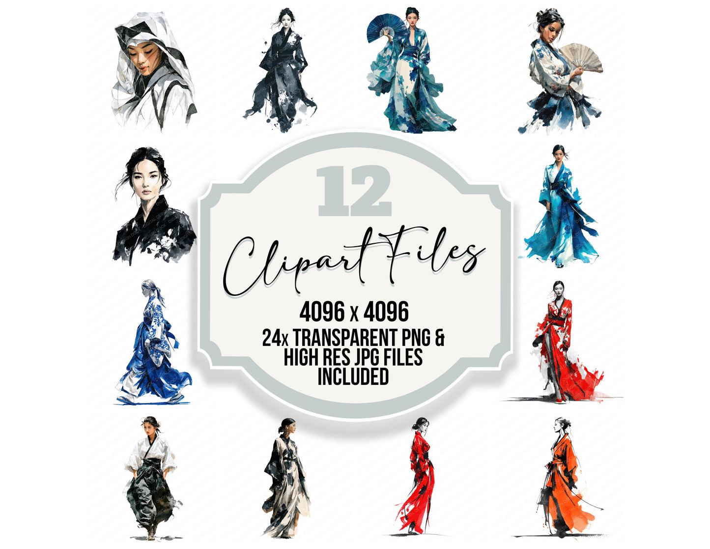 Japanese Woman in Kimono clipart set with transparent PNGs and high resolution JPGs for crafting and design projects