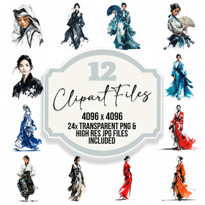 Japanese Woman in Kimono clipart set with transparent PNGs and high resolution JPGs for crafting and design projects