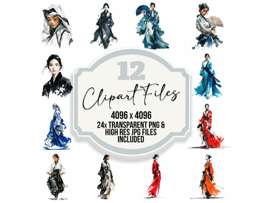 Japanese Woman in Kimono clipart set with transparent PNGs and high resolution JPGs for crafting and design projects