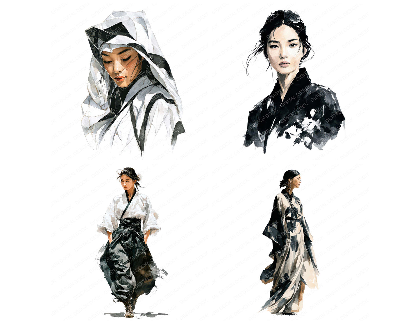 Preview layout showing Japanese Woman in Kimono clipart elements for scrapbooking, junk journals, and card making