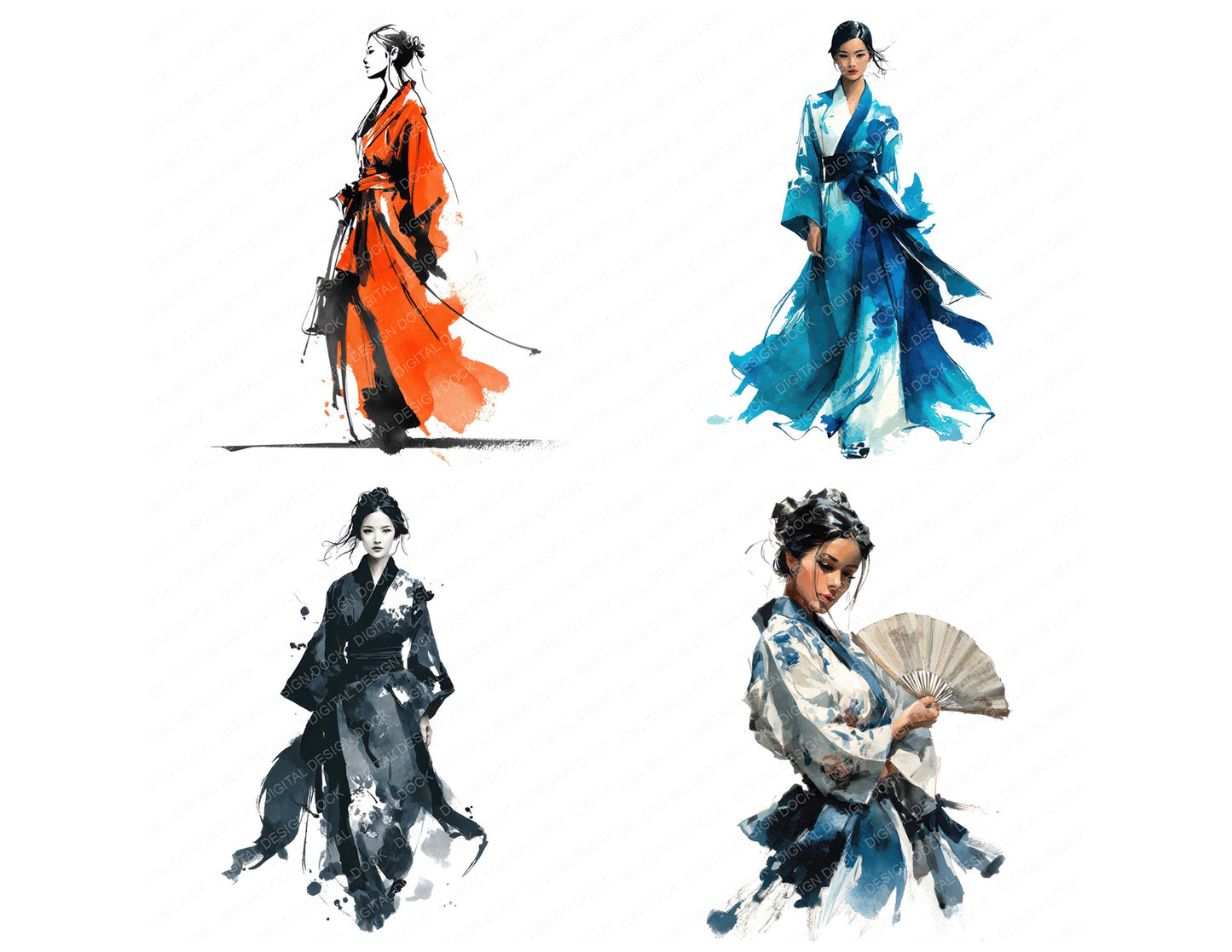Close view of Japanese Woman in Kimono clipart highlighting illustration detail and cohesive colour tones