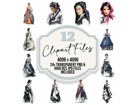 Korean Woman in Hanbok clipart set with transparent PNGs and high resolution JPGs for crafting and design projects