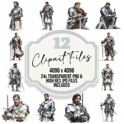 Medieval Knight Illustration clipart set with transparent PNGs and high resolution JPGs for crafting and design projects
