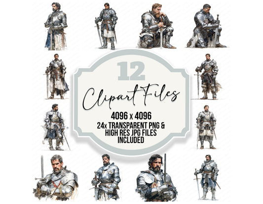 Medieval Knight Illustration clipart set with transparent PNGs and high resolution JPGs for crafting and design projects