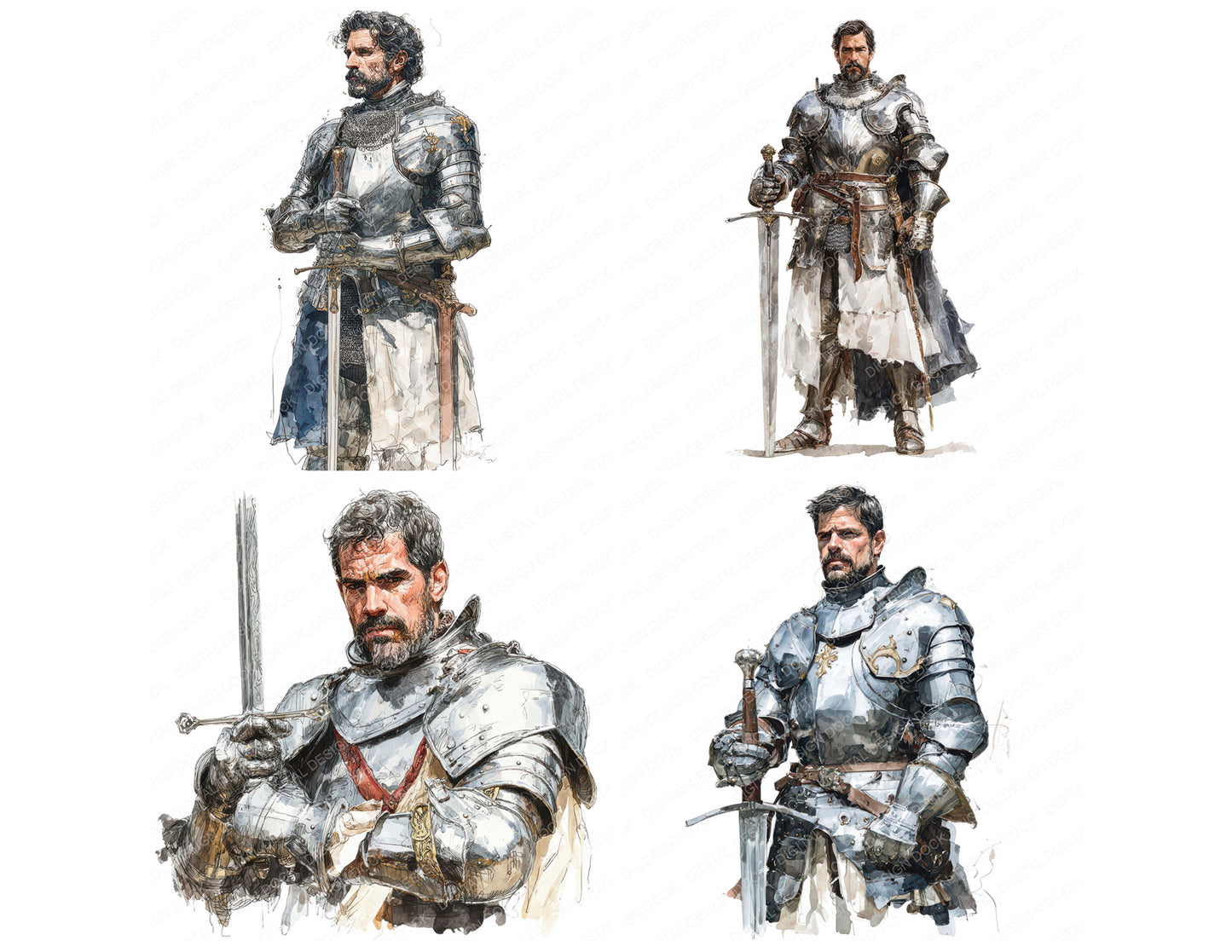 Preview layout showing Medieval Knight Illustration clipart elements for scrapbooking, junk journals, and card making