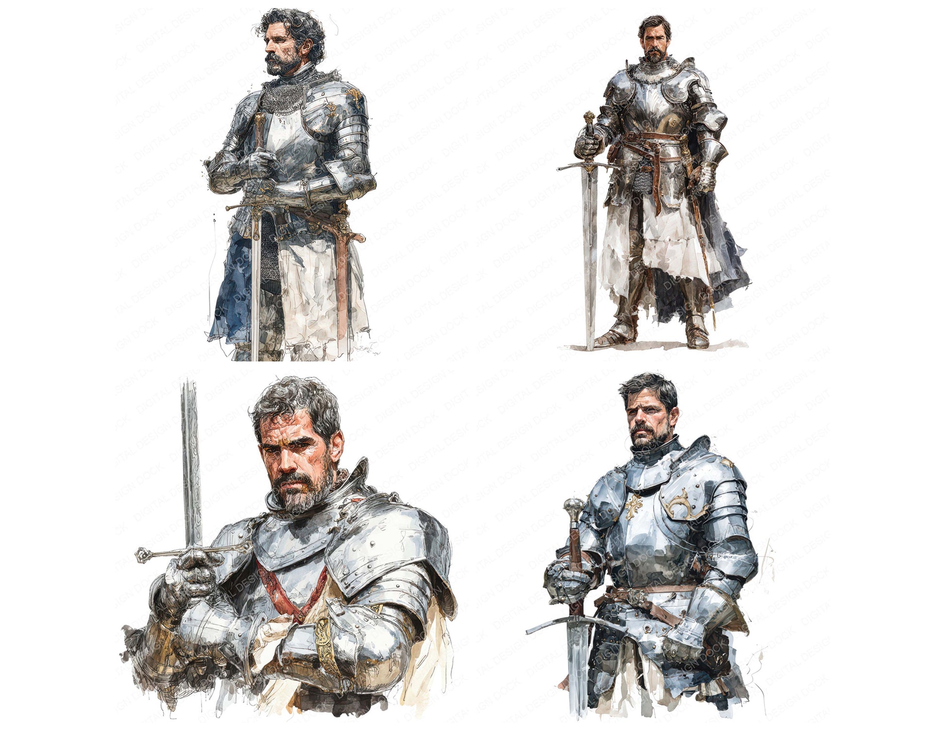 Preview layout showing Medieval Knight Illustration clipart elements for scrapbooking, junk journals, and card making