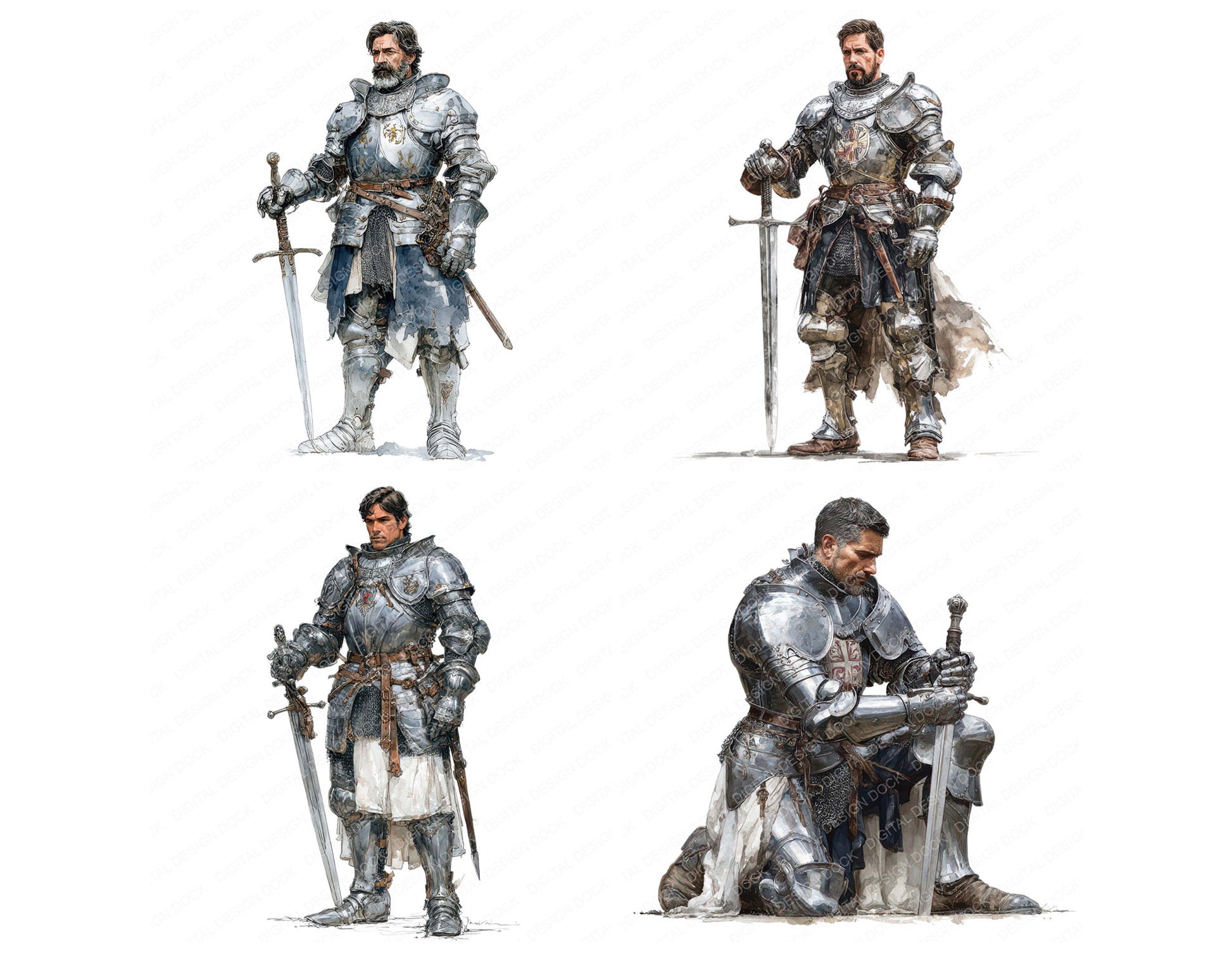 Close view of Medieval Knight Illustration clipart highlighting illustration detail and cohesive colour tones