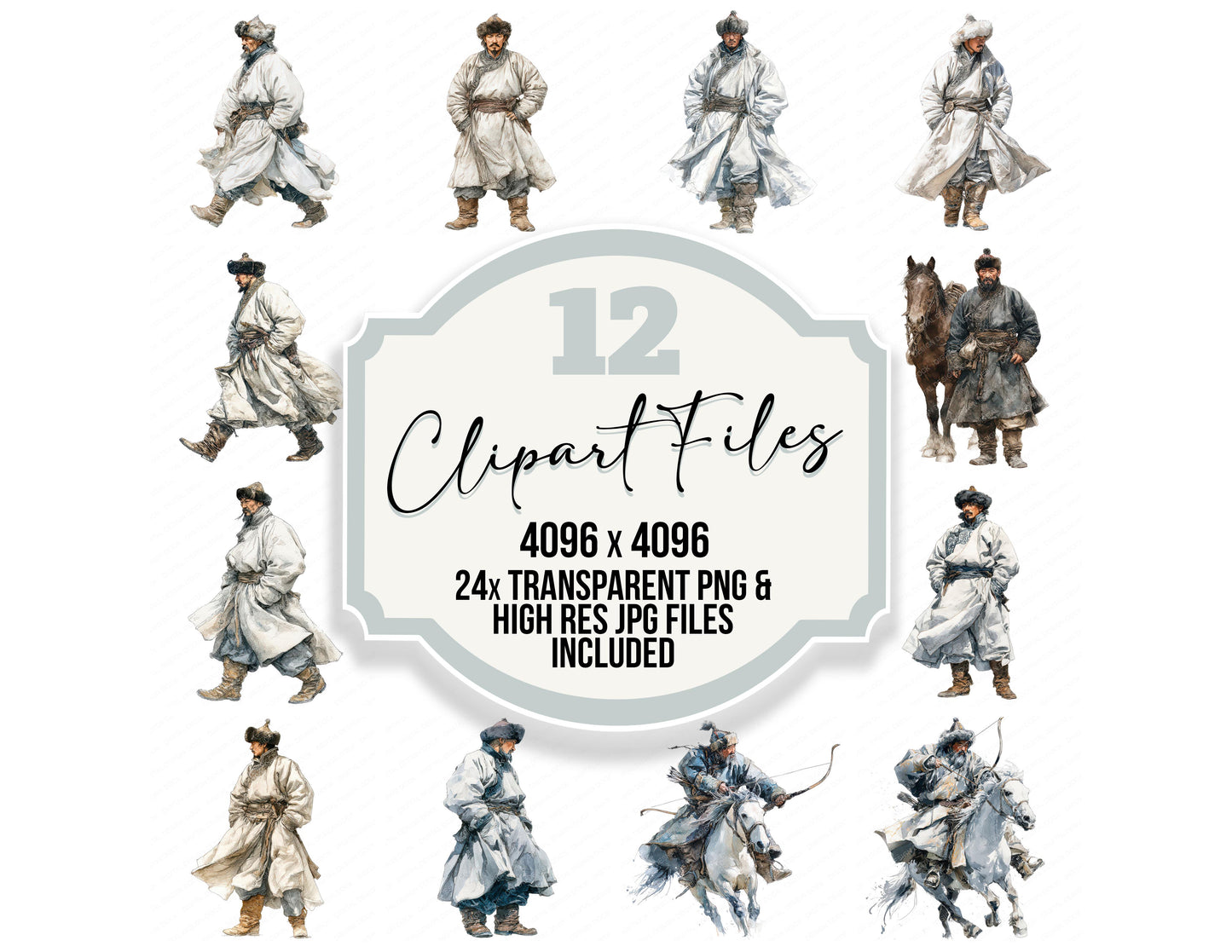 Mongolian Horseman Illustration clipart set with transparent PNGs and high resolution JPGs for crafting and design projects