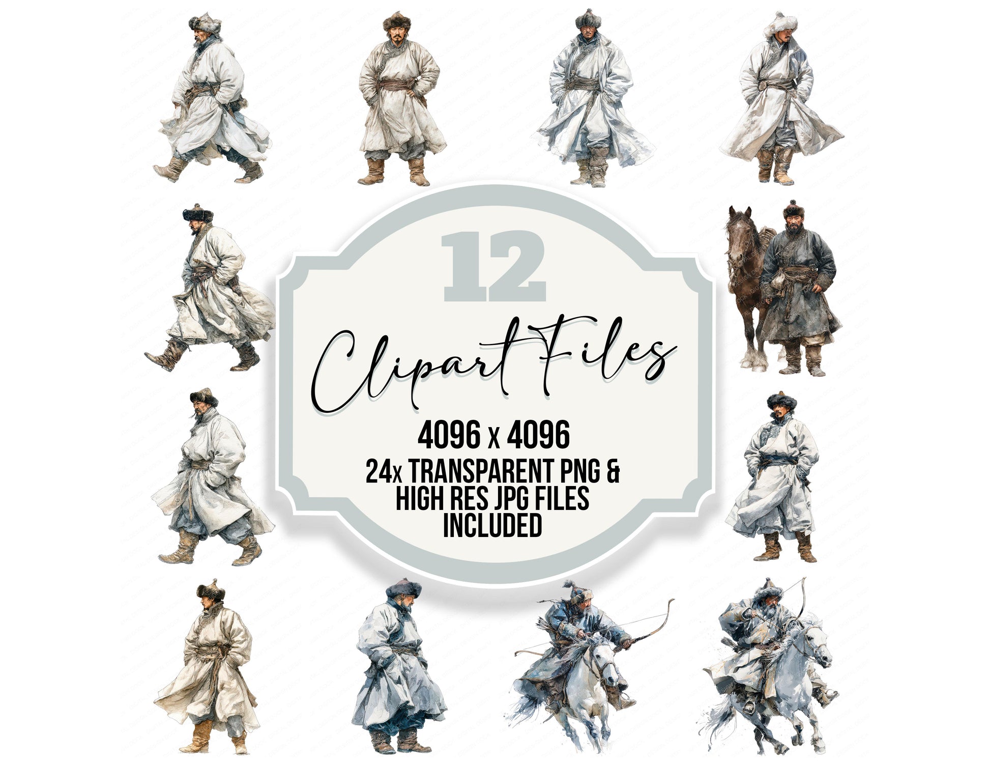 Mongolian Horseman Illustration clipart set with transparent PNGs and high resolution JPGs for crafting and design projects