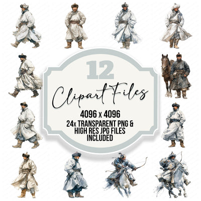 Mongolian Horseman Illustration clipart set with transparent PNGs and high resolution JPGs for crafting and design projects
