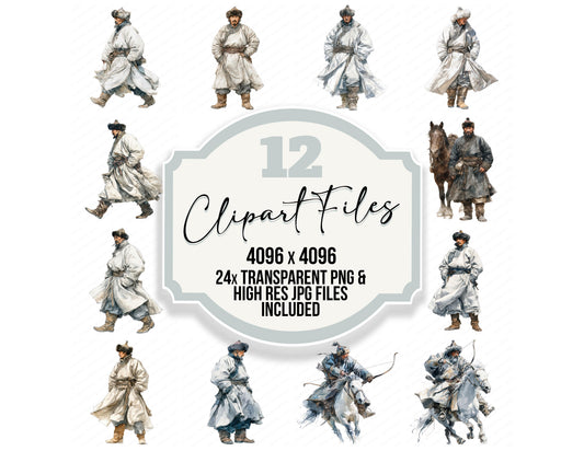 Mongolian Horseman Illustration clipart set with transparent PNGs and high resolution JPGs for crafting and design projects