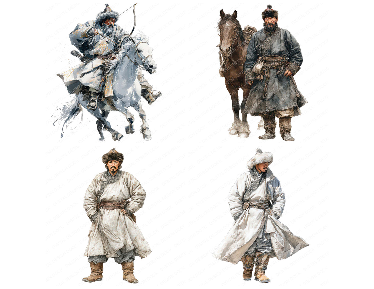Close view of Mongolian Horseman Illustration clipart highlighting illustration detail and cohesive colour tones