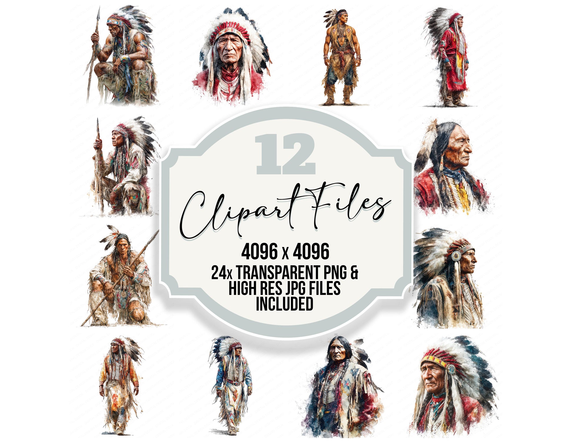 Native American Man in Traditional Dress clipart set with transparent PNGs and high resolution JPGs for crafting and design projects