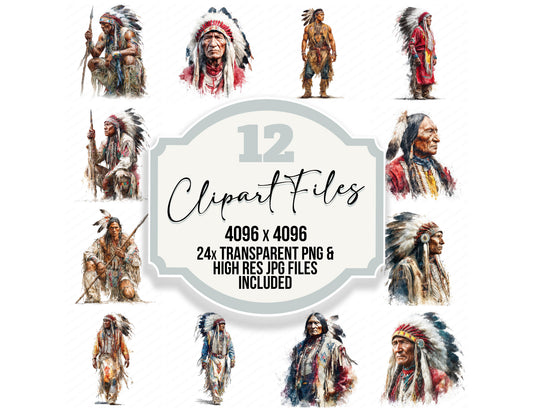 Native American Man in Traditional Dress clipart set with transparent PNGs and high resolution JPGs for crafting and design projects