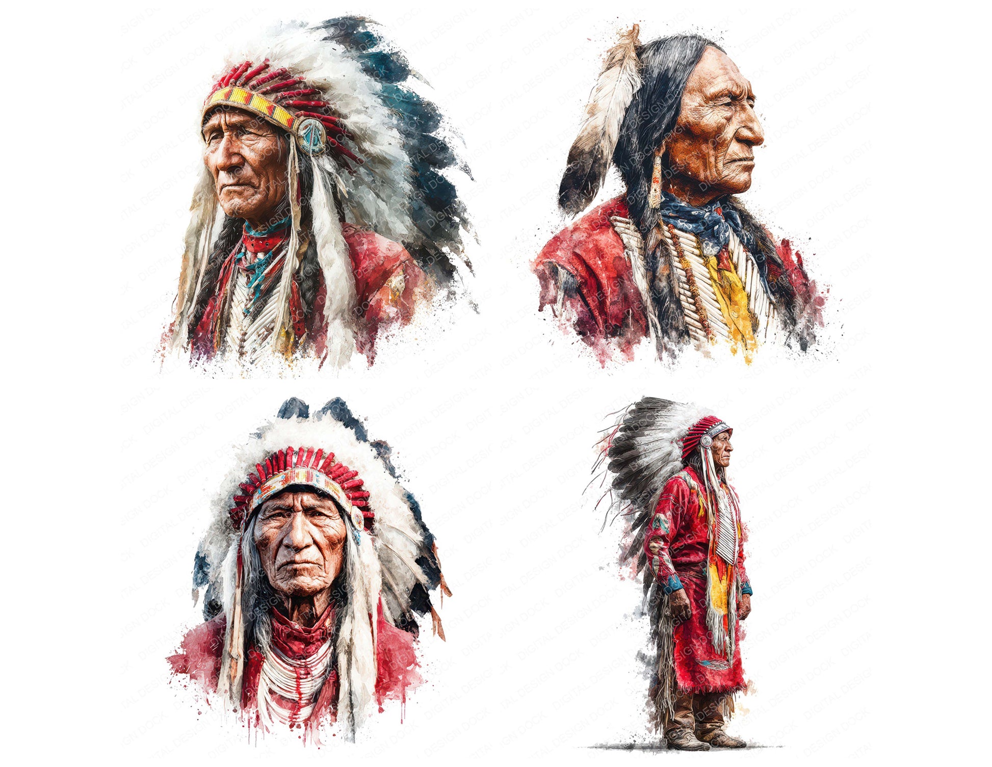 Close view of Native American Man in Traditional Dress clipart highlighting illustration detail and cohesive colour tones