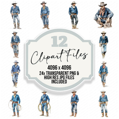 Realistic Cowboy Illustration clipart set with transparent PNGs and high resolution JPGs for crafting and design projects