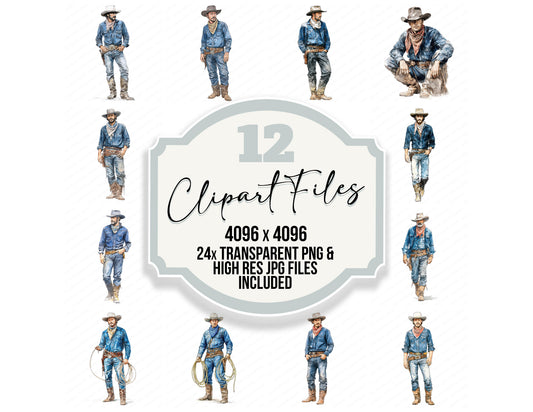 Realistic Cowboy Illustration clipart set with transparent PNGs and high resolution JPGs for crafting and design projects