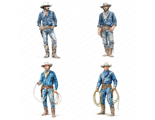 Preview layout showing Realistic Cowboy Illustration clipart elements for scrapbooking, junk journals, and card making