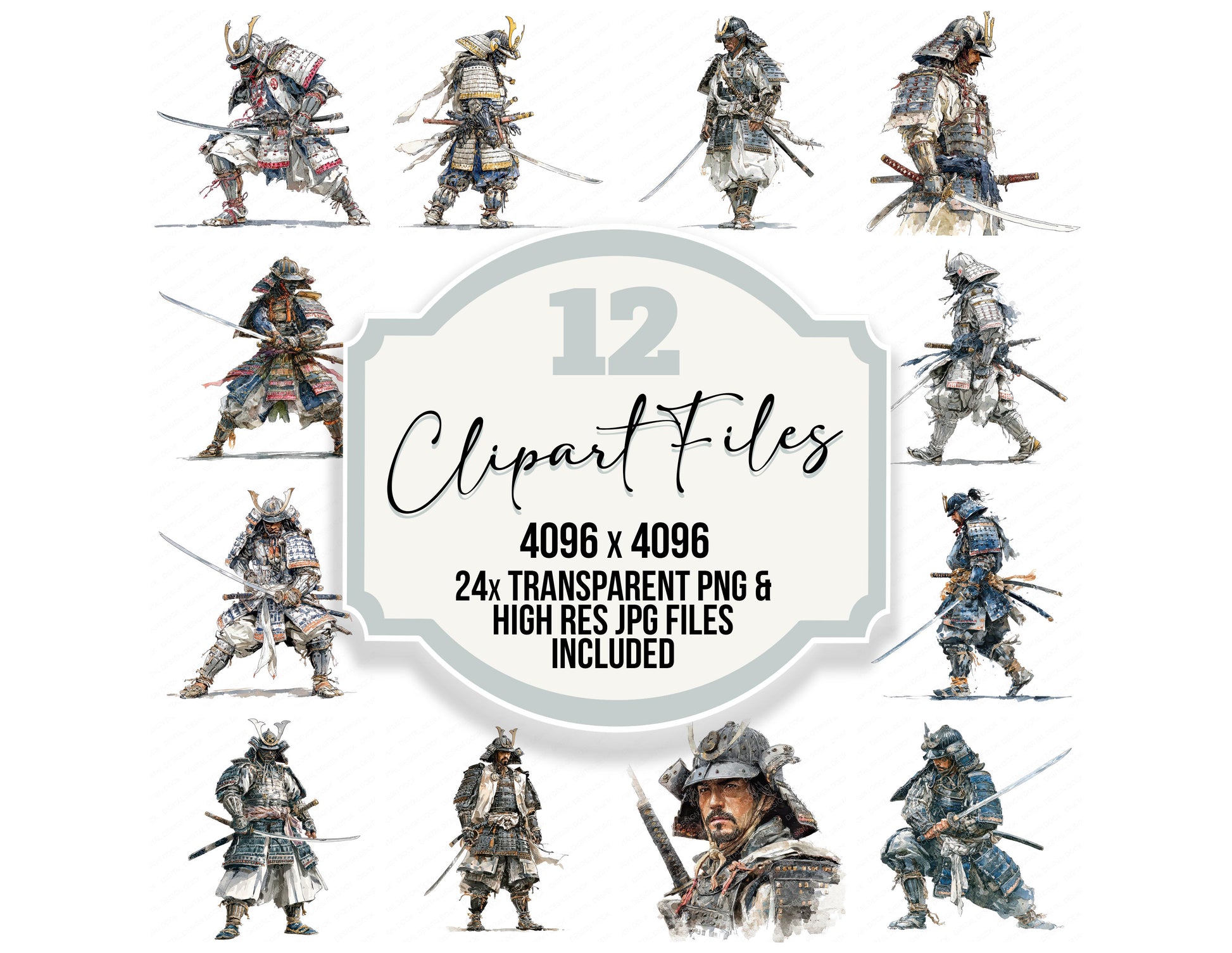 Realistic Samurai Illustration clipart set with transparent PNGs and high resolution JPGs for crafting and design projects