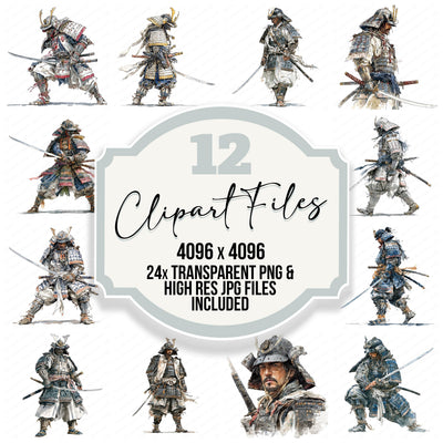 Realistic Samurai Illustration clipart set with transparent PNGs and high resolution JPGs for crafting and design projects
