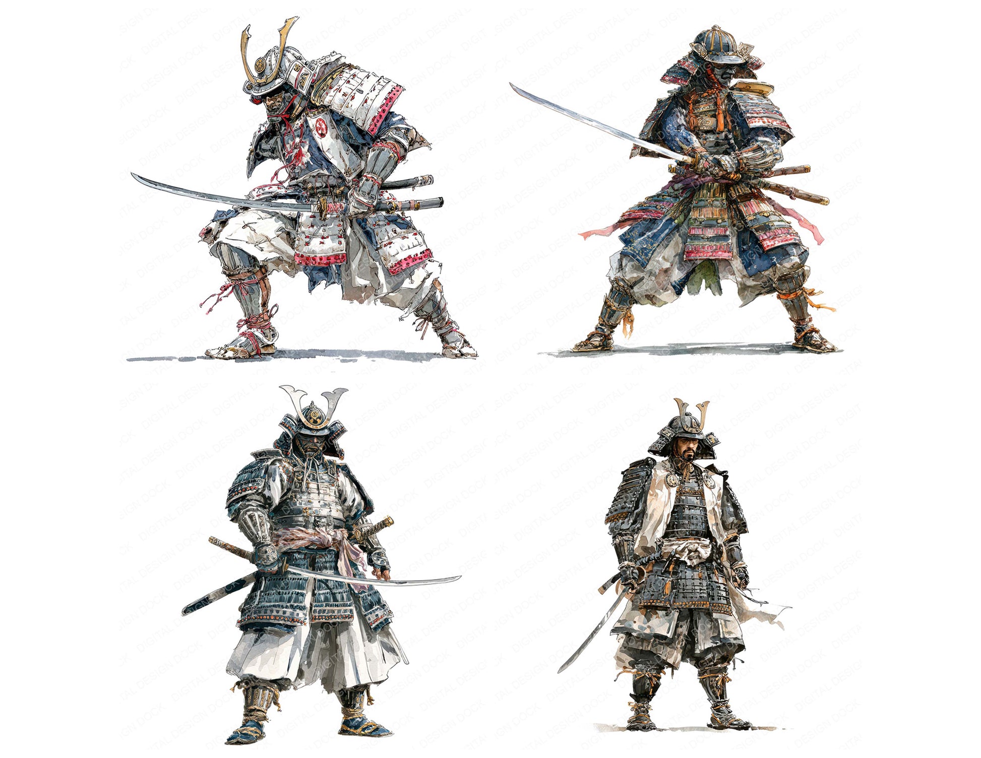 Preview layout showing Realistic Samurai Illustration clipart elements for scrapbooking, junk journals, and card making