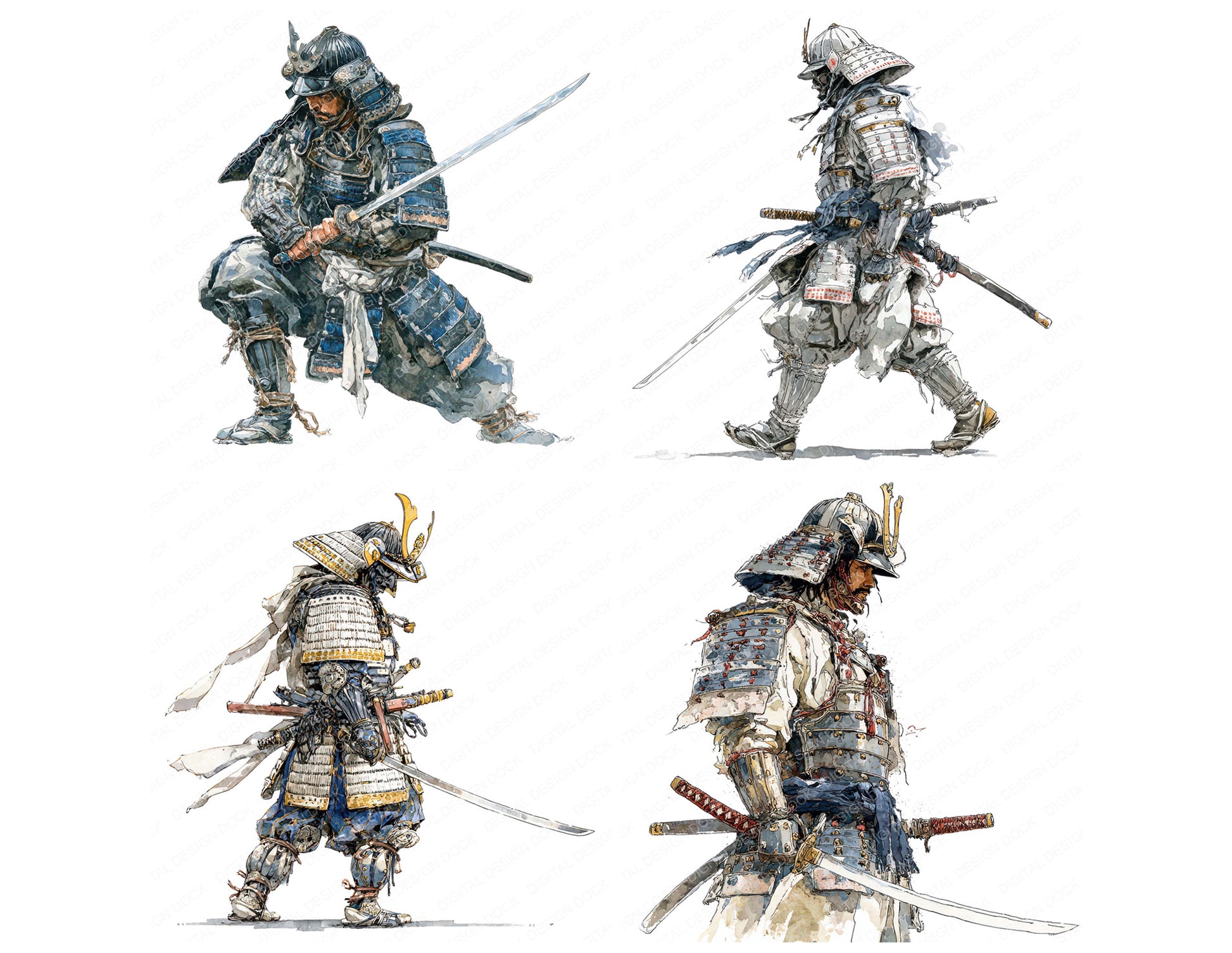 Close view of Realistic Samurai Illustration clipart highlighting illustration detail and cohesive colour tones