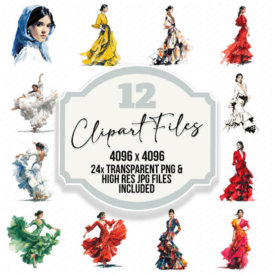 Realistic Spanish Woman Flamenco Dress clipart set with transparent PNGs and high resolution JPGs for crafting and design projects