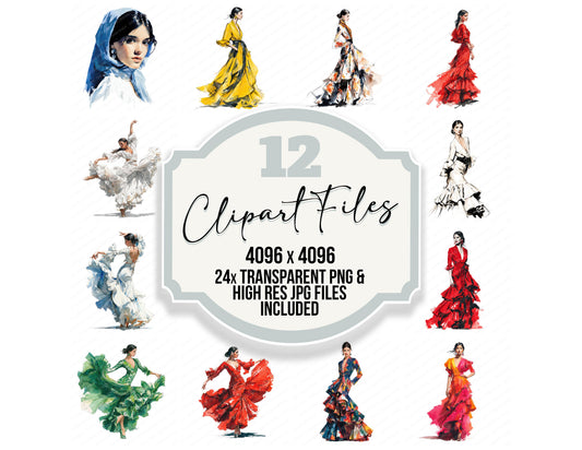 Realistic Spanish Woman Flamenco Dress clipart set with transparent PNGs and high resolution JPGs for crafting and design projects