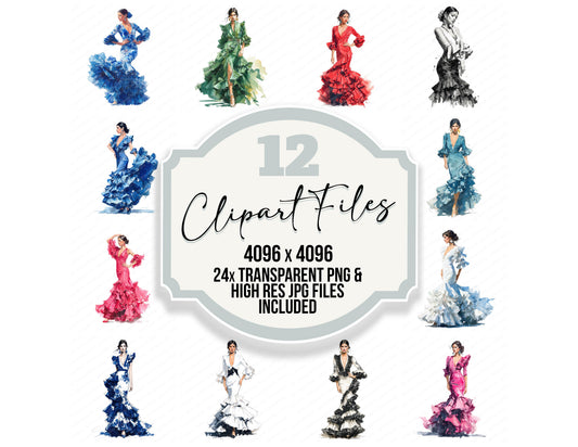 Spanish Woman in Flamenco Dress clipart set with transparent PNGs and high resolution JPGs for crafting and design projects