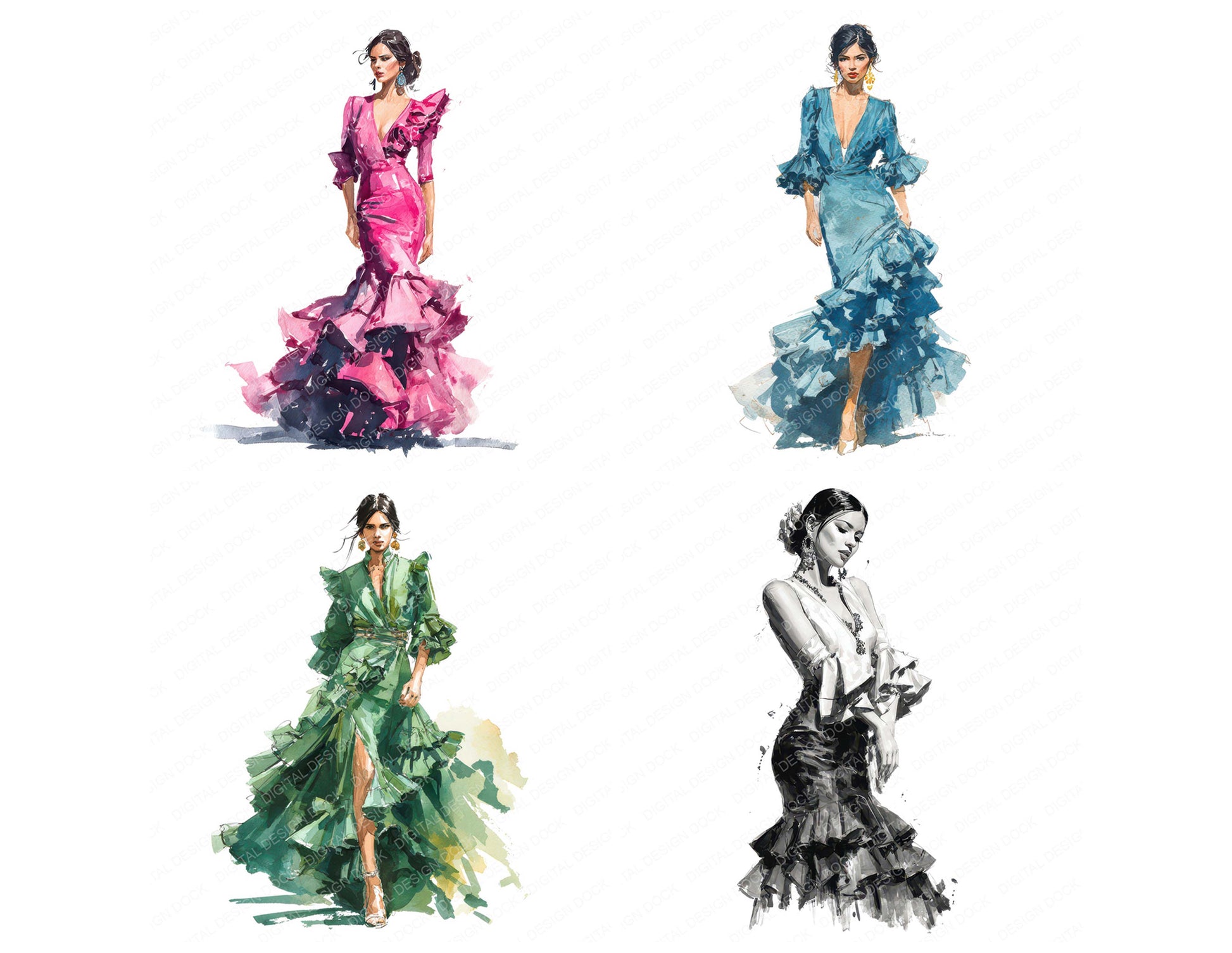 Close view of Spanish Woman in Flamenco Dress clipart highlighting illustration detail and cohesive colour tones