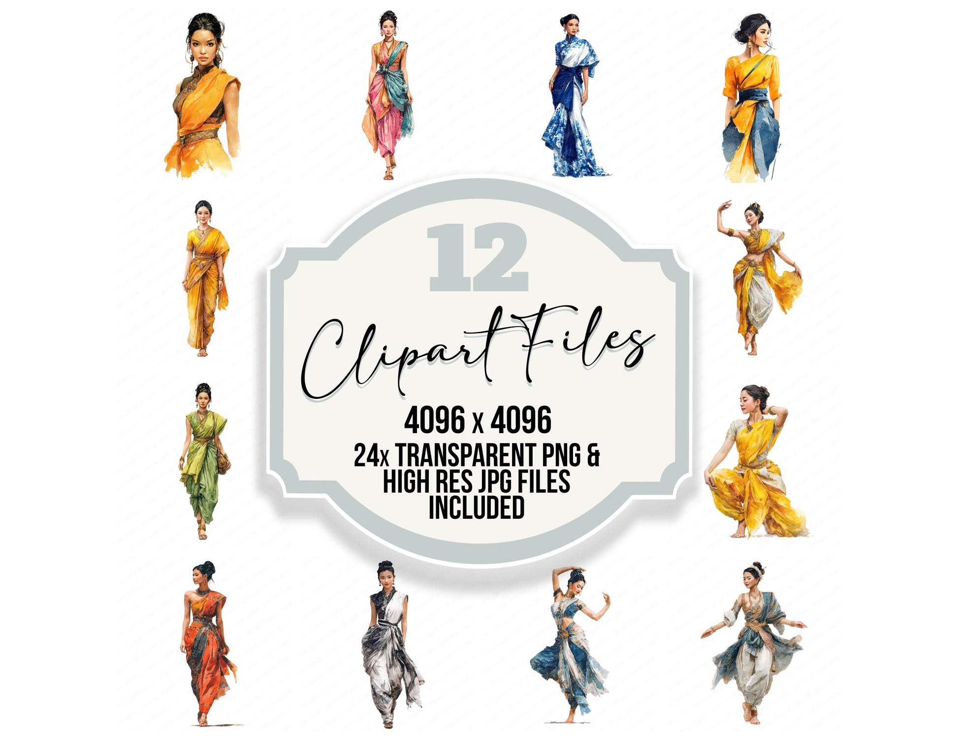 Thai Woman in Traditional Dress clipart set with transparent PNGs and high resolution JPGs for crafting and design projects