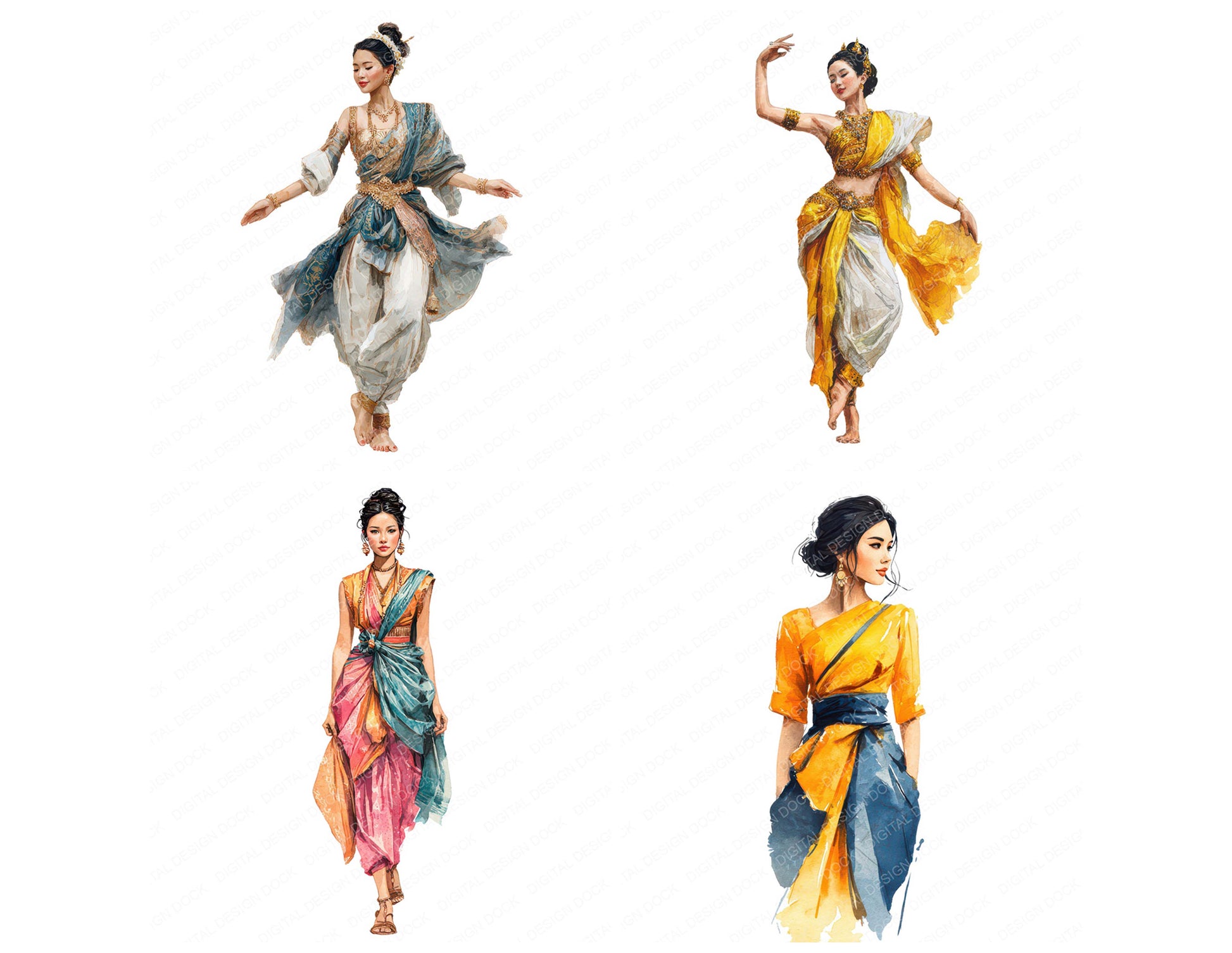 Close view of Thai Woman in Traditional Dress clipart highlighting illustration detail and cohesive colour tones