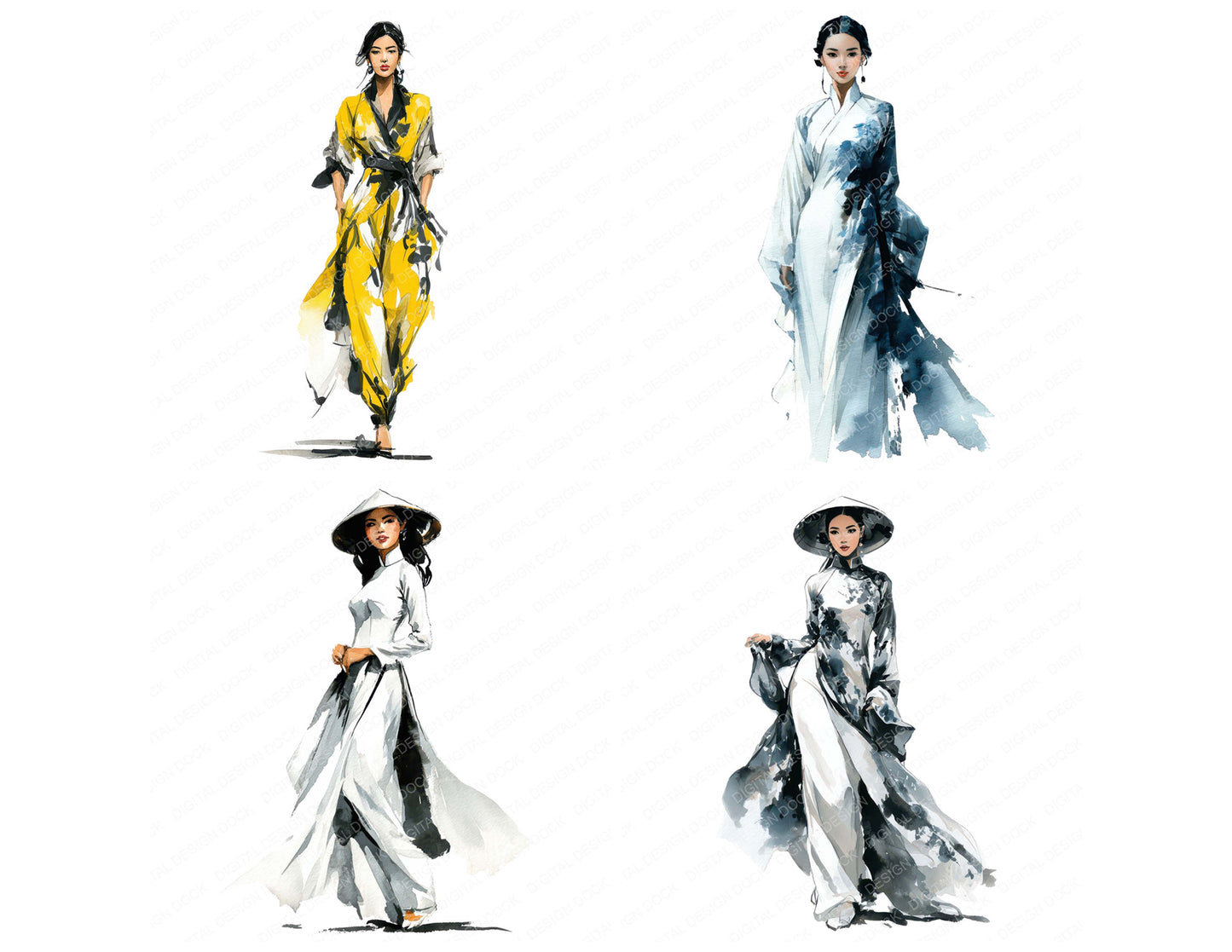 Close view of Vietnamese Woman in Ao Dai clipart highlighting illustration detail and cohesive colour tones