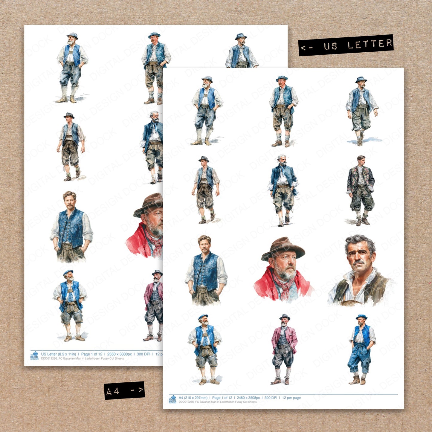 A4 and US Letter format comparison showing Bavarian Man in Lederhosen fussy cut pages for print and cut crafting