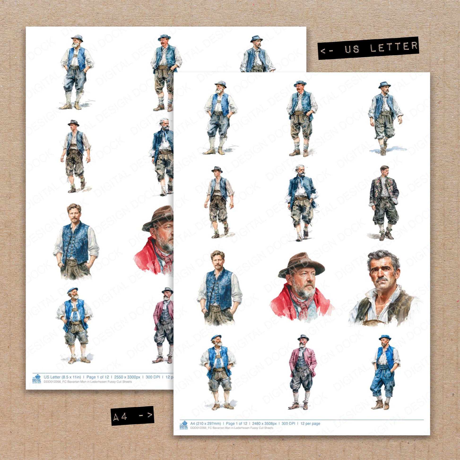 A4 and US Letter format comparison showing Bavarian Man in Lederhosen fussy cut pages for print and cut crafting